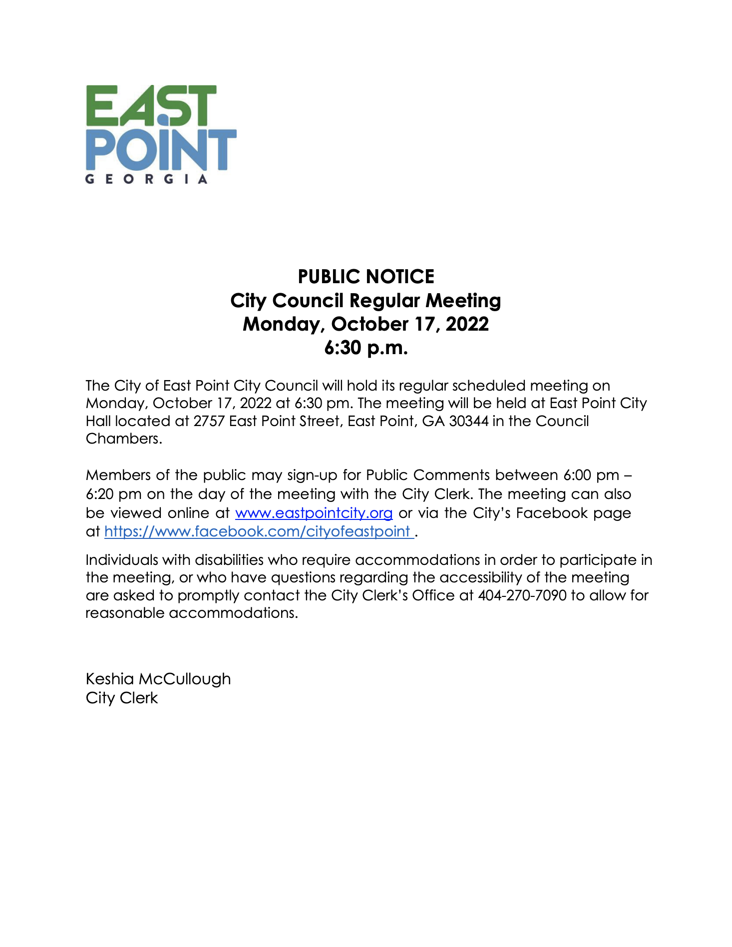 Public Notice-City Council Regular Meeting (October 17, 2022)