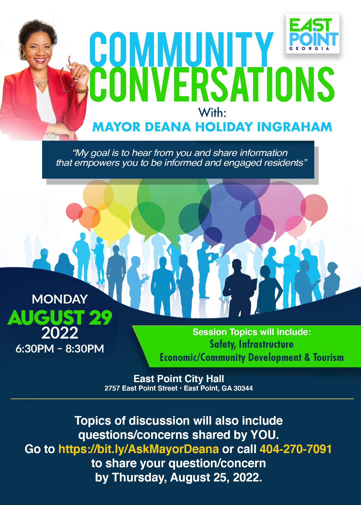 Community Conversations with Mayor Deana August 29th from 6:30 p.m. -8:30 p.m. at City Hall