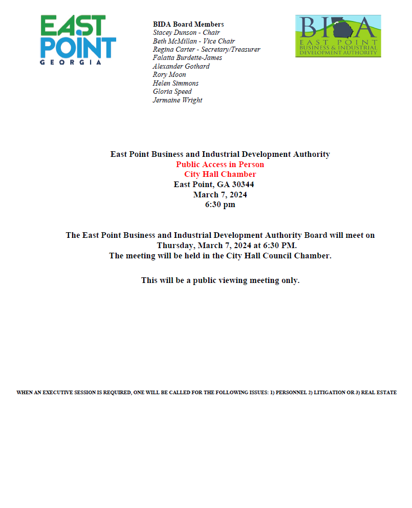 East Point Business and Industrial Development Authority Meeting (PUBLIC ACCESS / in Person)